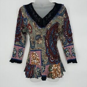 Alberto Makali Top Womens L Paisley Y2K 90s Floral Crinkle Lace Boho Whimsical